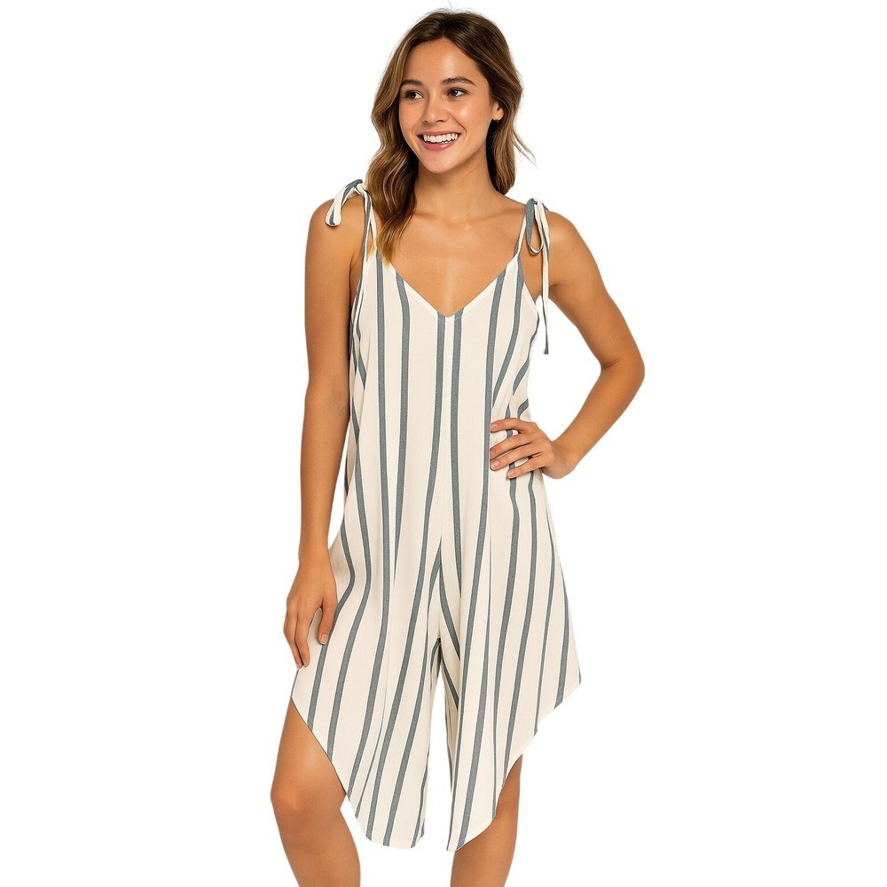 Vince Camuto‎ Linen Striped Wide Leg Jumpsuit XS Cream Blue Handkerchief Hem